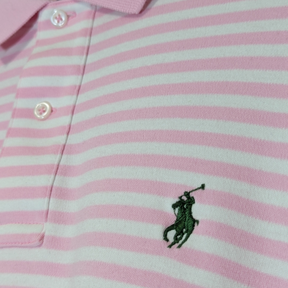 Polo Ralph Lauren Pink and White Striped Polo Shirt - Large